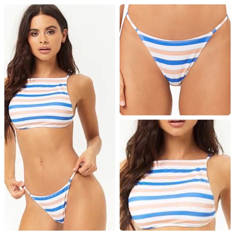 NWT High Neck Blue White Striped Bikini Set Small